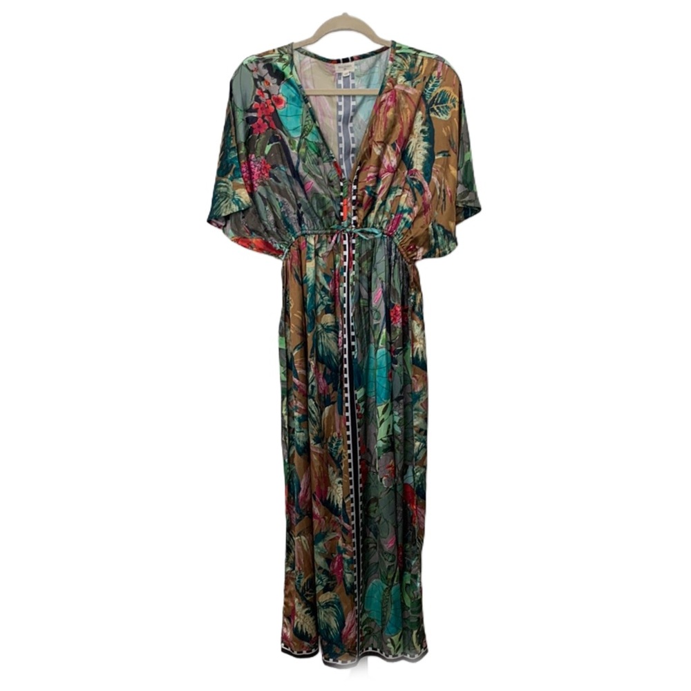Tropical Green & Teal Floral Satin Kaftan Maxi Dress